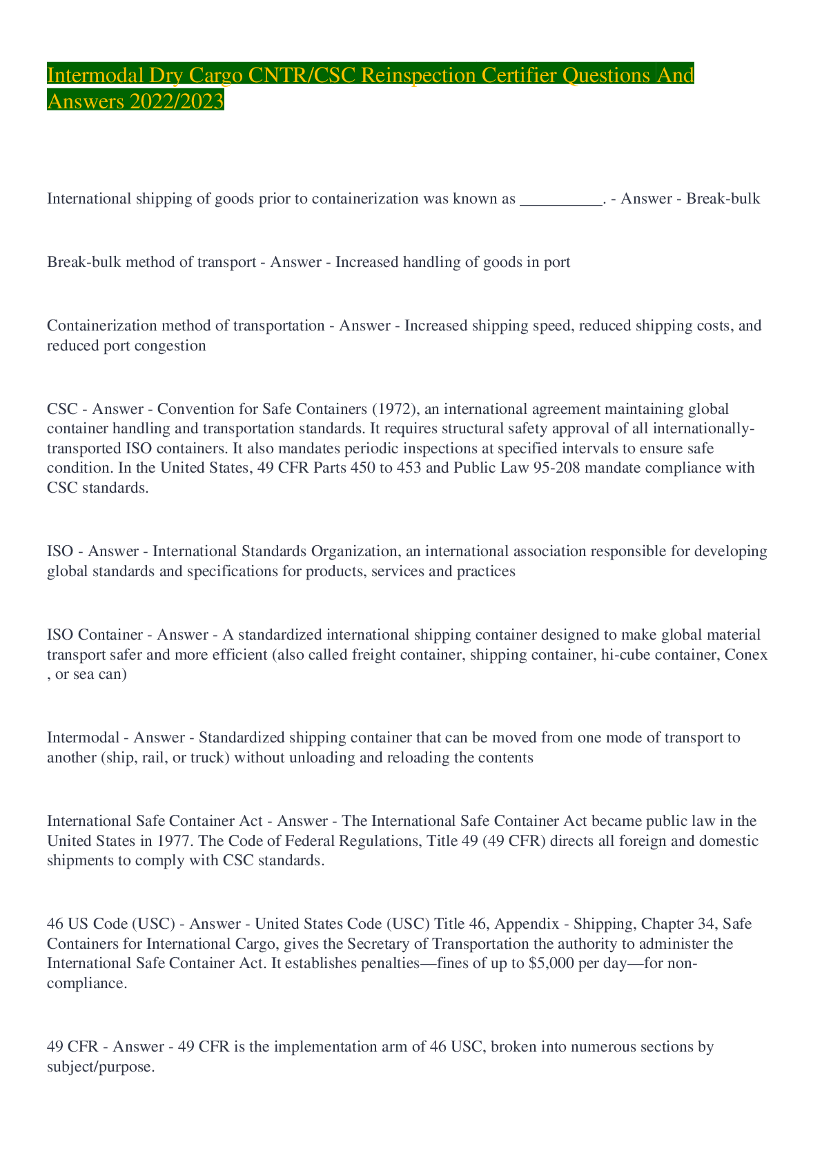Intermodal Dry Cargo CNTR/CSC Reinspection Certifier Questions And